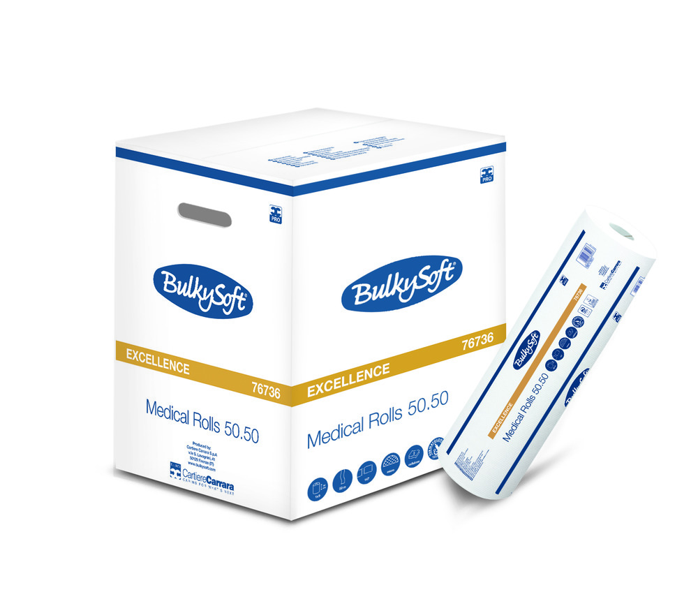 Bulkysoft kušetes pārklājs ar perforāciju 50cm x 50m, 2 kārtas, 147 loksnes, balts