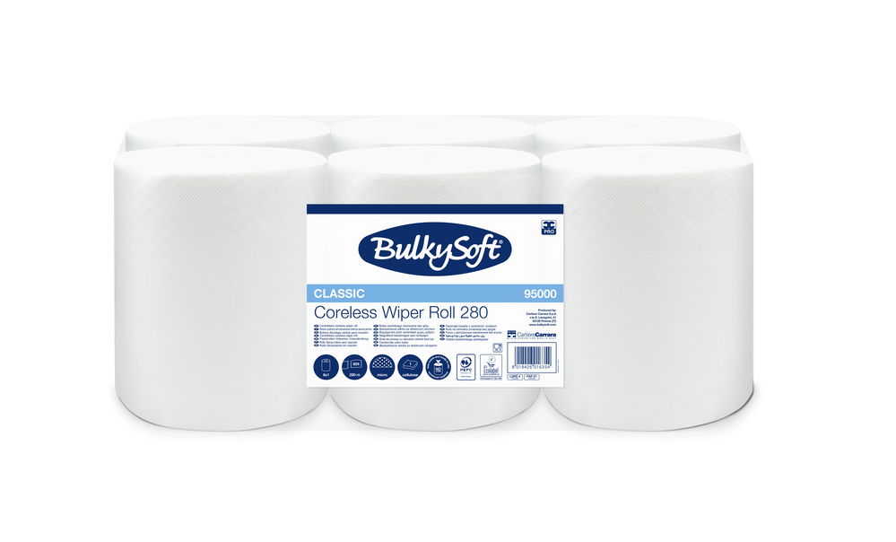 Bulkysoft Comfort papīra rullis slaucīšanai ar centrālo padevi 280m,1 kārta, bez serdeņa, perf.