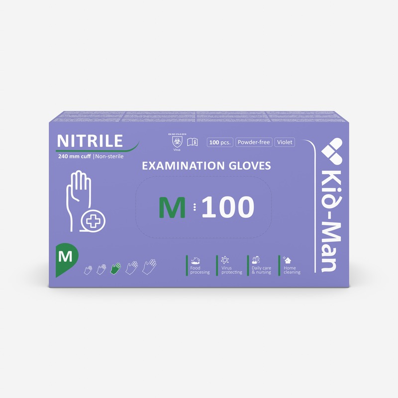 KID-MAN NITRILA cimdi M izmērs, bez pūdera, violeti, 100 gab.